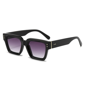 Square thick frame sunglasses with black acetate and purple gradient lenses with gold rivets