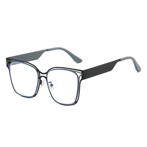 Fashionable black metal frame eyeglasses with hollow top design and blue light blocking lenses