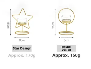 Details von modernen goldenen Kerzenhaltern aus Eisen in Stern- und Kreisform mit Glas