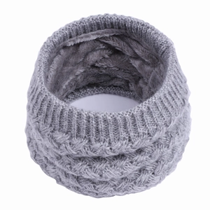 Grey chunky knit neck warmer scarf with warm fleece lining and cable pattern for winter