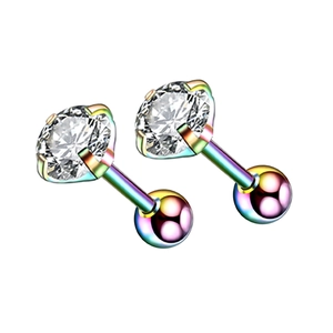 Rainbow stainless steel stud earrings with round cubic zirconia in four-prong setting