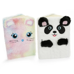 Detail view of colorful cat and panda plush notebooks with embroidery and 3D ears