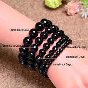 Natural black agate beaded bracelet available in 6mm to 14mm sizes for men and women