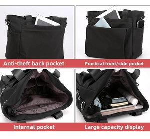 Detailed four-view showcase of a large nylon tote bag with multiple functional pockets