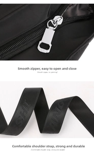 Detailed macro view of black nylon bag with durable silver metal zipper and woven shoulder strap
