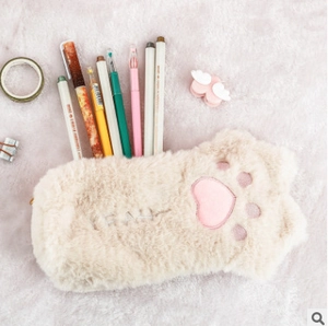 Astuccio carino in peluche a forma di zampa di gatto beige con cuscinetti rosa