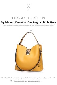 Detail of yellow bucket bag featuring snakeskin texture handles and adjustable straps