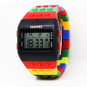 Colorful LED digital sports watch with building block style strap in red yellow blue green
