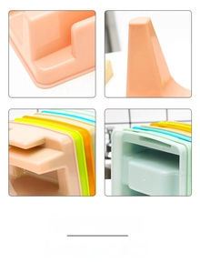 Close-up of colorful plastic kitchen organizers with anti-slip grooves for lids and boards