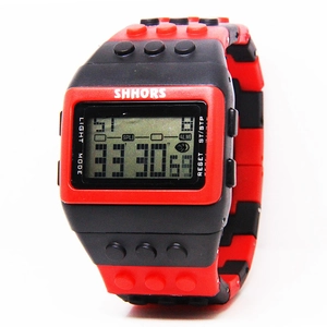 Colorful LED digital sports watch with building block style rubber strap in red and black