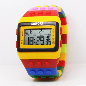 Colorful building block style digital LED sports watch with rainbow silicone strap blocks