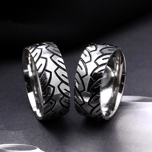 8mm vintage titanium steel ring with industrial tire tread pattern in silver and black