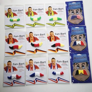 Pack of 12 self-adhesive fan moustaches featuring various national flag colors and patterns