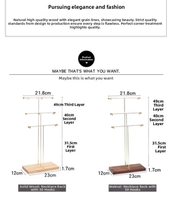 Three-tier gold metal necklace display stand with solid wood base and 30 storage hooks