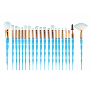 Detailed set of 20 diamond handle makeup brushes with blue glitter unicorn design
