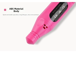 Detail view of pink electric nail drill featuring ABS body and CE certification label