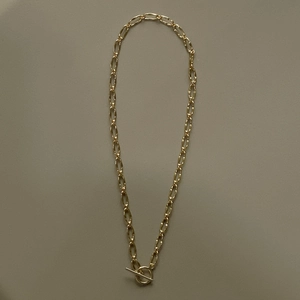 Detail of a chunky gold oval link necklace with a classic toggle clasp closure