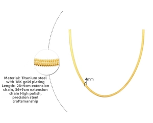 Detail view of 4mm gold flat snake chain necklace with 9cm adjustable extension