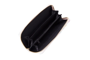 Open white long wallet showing black interior with card slots and zipper pocket detail