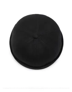 Top view of a black cotton miki hat showing the six-panel stitching and top button detail