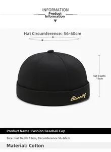 Detail view of black canvas brimless dockers hat with Stunning embroidery and size specs