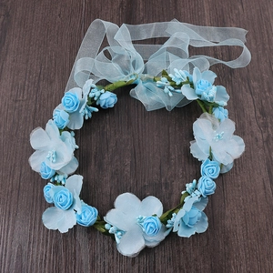 Blue artificial rose floral wreath headband with ribbon ties for weddings and parties