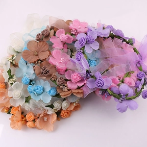 Colorful bridal flower crown with artificial roses and mesh ribbons for party accessories