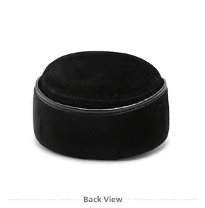 Back view of elderly men's winter cap with warm velvet texture and leather trim detailing