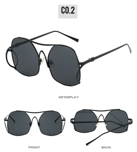 Detailed views of black pilot cat-eye sunglasses with double bridge and hollow metal frames