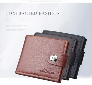 Short bi-fold men's wallets in brown and black litchi grain faux leather with buckle
