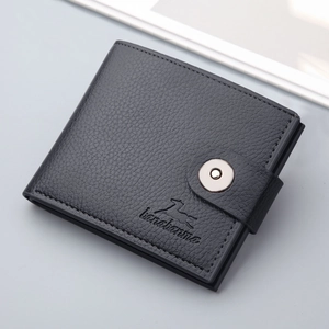 Portefeuille pour hommes en cuir litchi noir avec fermeture magnétique et logo métal