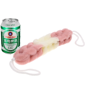 Exfoliating pink and white mesh back scrubber with hanging ropes for bath and shower
