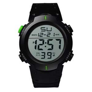 Detail view of large digital watch face showing luminous display and functional buttons