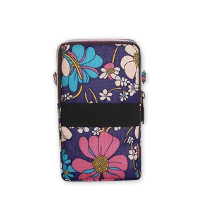 Vertical floral nylon mini crossbody phone bag with multi-layer zipper and strap hooks