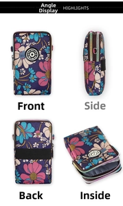 Detailed four-view display of a floral crossbody phone bag with triple zippers