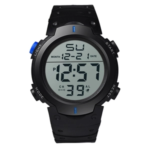 Macro detail of large digital sports watch display with calendar and light functions
