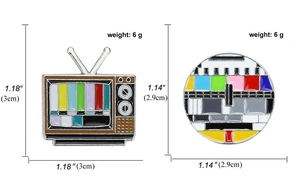Detailed size chart showing vintage TV enamel pins with exact dimensions and weight specs