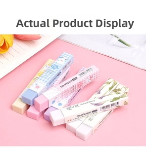 Detail view of colorful AIHAO erasers with cartoon and floral sleeves on pink background