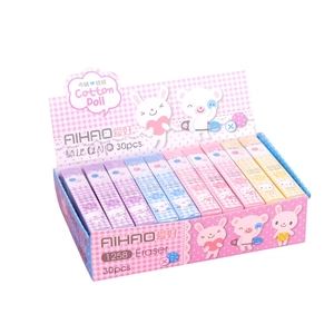 Box of 30 colorful macaron bar erasers with cute cartoon animal illustrations for students