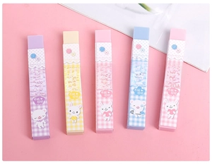 Detail of colorful Cotton Doll series erasers with cartoon rabbit and bear packaging