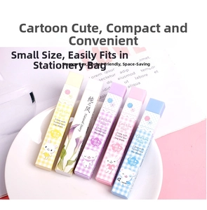 Detailed view of five colorful pastel candy-colored cartoon erasers in a white tray