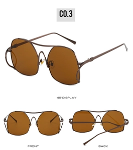 Three-way view of cat eye sunglasses with brown lenses and bronze hollow metal frames