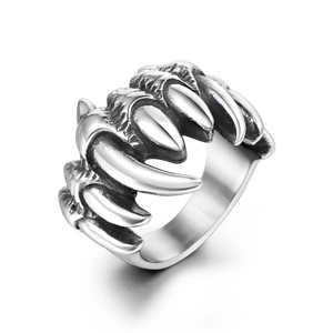 Vintage titanium steel skull ghost hand punk ring for men with antique silver claw design