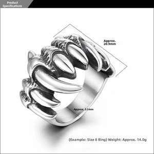 Detailed dimensions of vintage titanium steel skull claw ring with retro silver finish