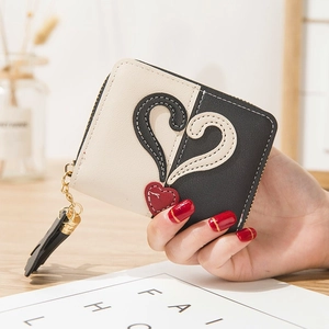 Women Short Zipper Wallet PU Leather Contrast Color Heart Patch With Tassel Pendant Mini Coin Purse
