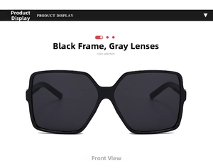 Front view of classic large square black frame sunglasses with dark grey polarized lenses
