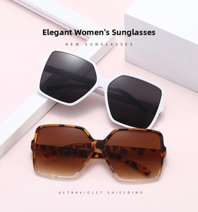 Detailed view of oversized square sunglasses in white and tortoiseshell with UV shielding