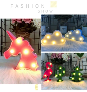 Detail view of mini LED night lights in unicorn, flamingo, and cactus shapes for desk decor