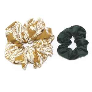 Oversized tropical leaf print and solid green fabric scrunchie set for women hair
