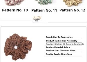 Detail showing oversized 15cm floral scrunchies with vibrant leopard and dot patterns